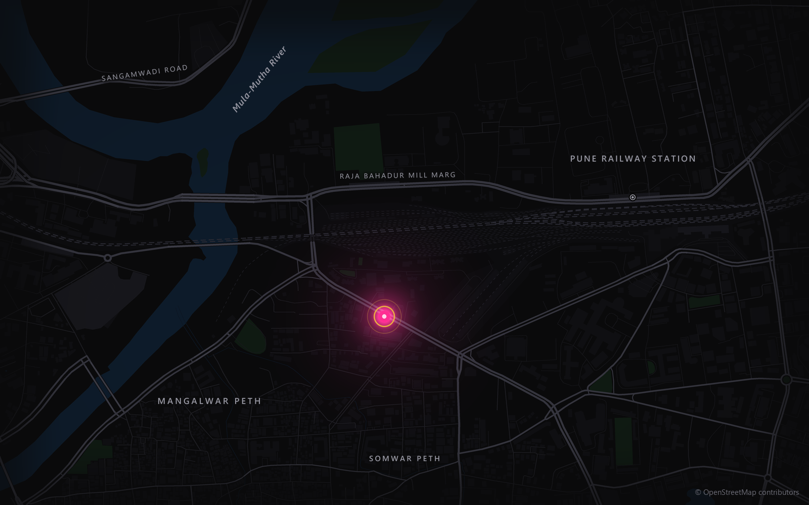 Map of central Pune showing the SaiMetro PinkStudio in Mangalwar Peth